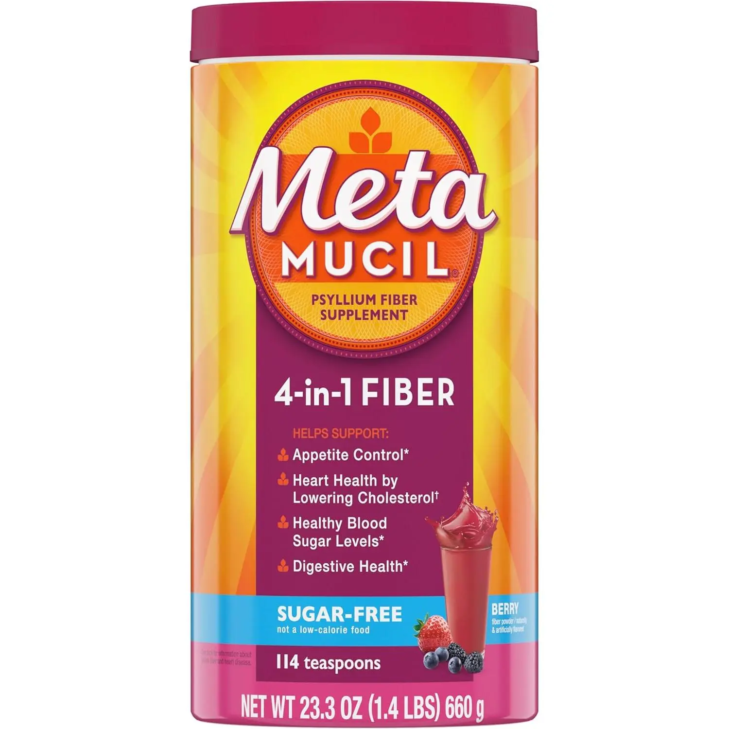 Metamucil, 4-in-1 Fiber Supplement, Psyllium Husk Powder, Sugar-Free Powder, Berry Flavored Drink, 114 Servings