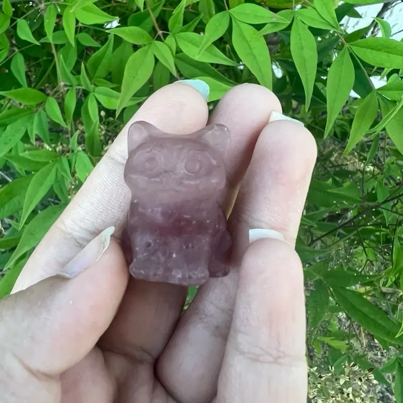 Strawberry Quartz Cat Crystal Carving | Mini Pink Gemstone Kitty | Pocket Size Decor