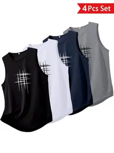 4-Pack Men's Cool Line Geometric Graphic Tank Tops | Casual Sleeveless Crew Neck Shirts, Stylish Minimalist Print Summer Tops, Sleeveless Sports Tops for Daily & Street Style Menswear Set