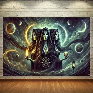 Large Gothic Mysterious Tapestry of Hecate, Dark Fantasy Wall Hanging with Triple Goddess Faces, Stars and Moon Background for Halloween and Weddings, Durable Decorative Tapestry, Wall Tapestries