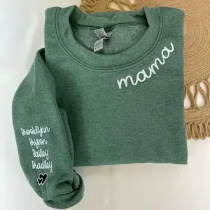 Mama Custom Embroidered Sweatshirt, Mom Custom Name On Sleeve With Heart Hoodie, Grandpa Shirt With Date, Mom Est Year Shirt, Gift For New Mum, Mother's Day Gift For Grandma
