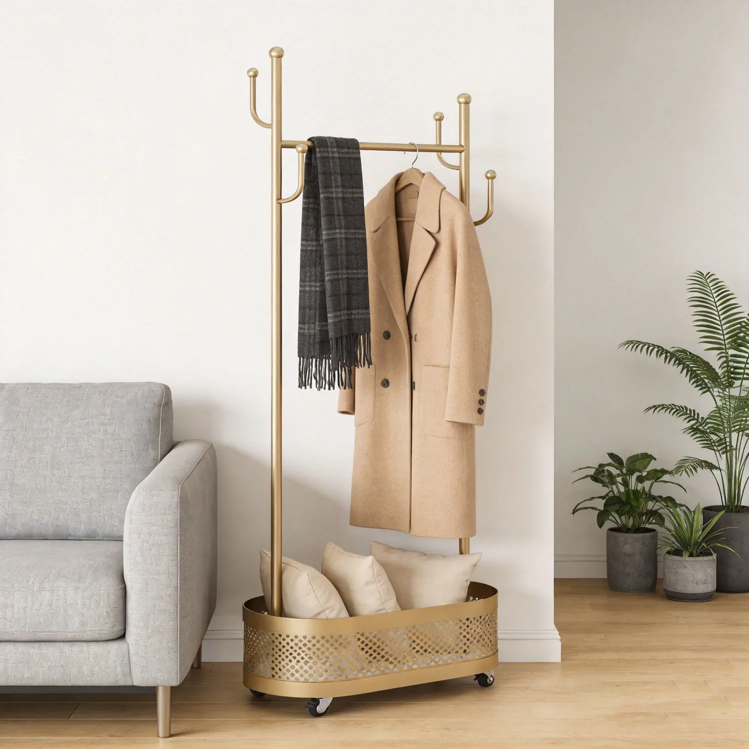 Gold Cactus Coat Rack with Wheels – Double Sided, Freestanding Modern Rack for Entryway Bedroom, 24x14x66.93in