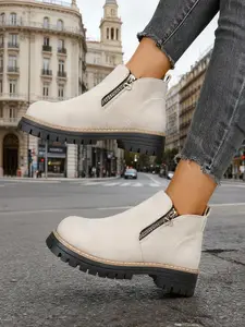 Women's Pink Suede Side - Zip Ankle Boots with Lug Sole, Fashionable Comfortable Block Heel Boots, Versatile Footwear for Daily Commuting, Leisure & Urban Style, Female All - match Trendy Retro Ankle Boots for Casual & Outdoor Wea