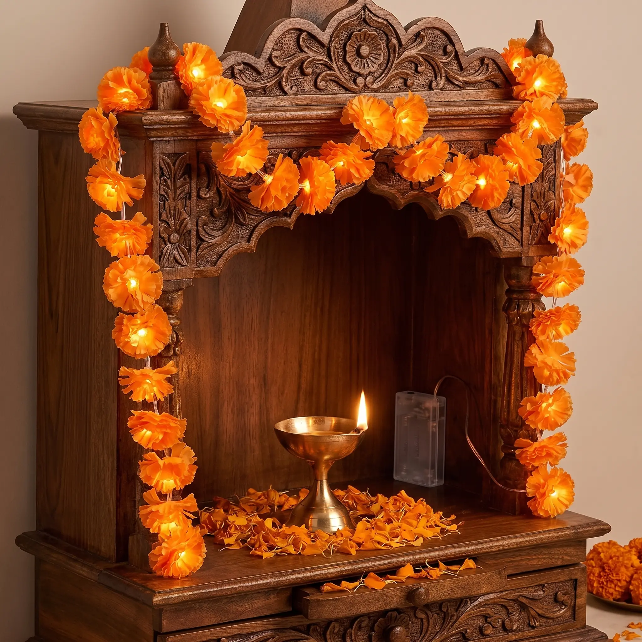 【Summerween】118.11in 20LED Marigold Artificial Flower String Lights, Boho-Style Warm White Fairy Lights with Realistic Petals, Battery Powered with Timer Function for Diwali, Weddings, Home Decor & Party Props