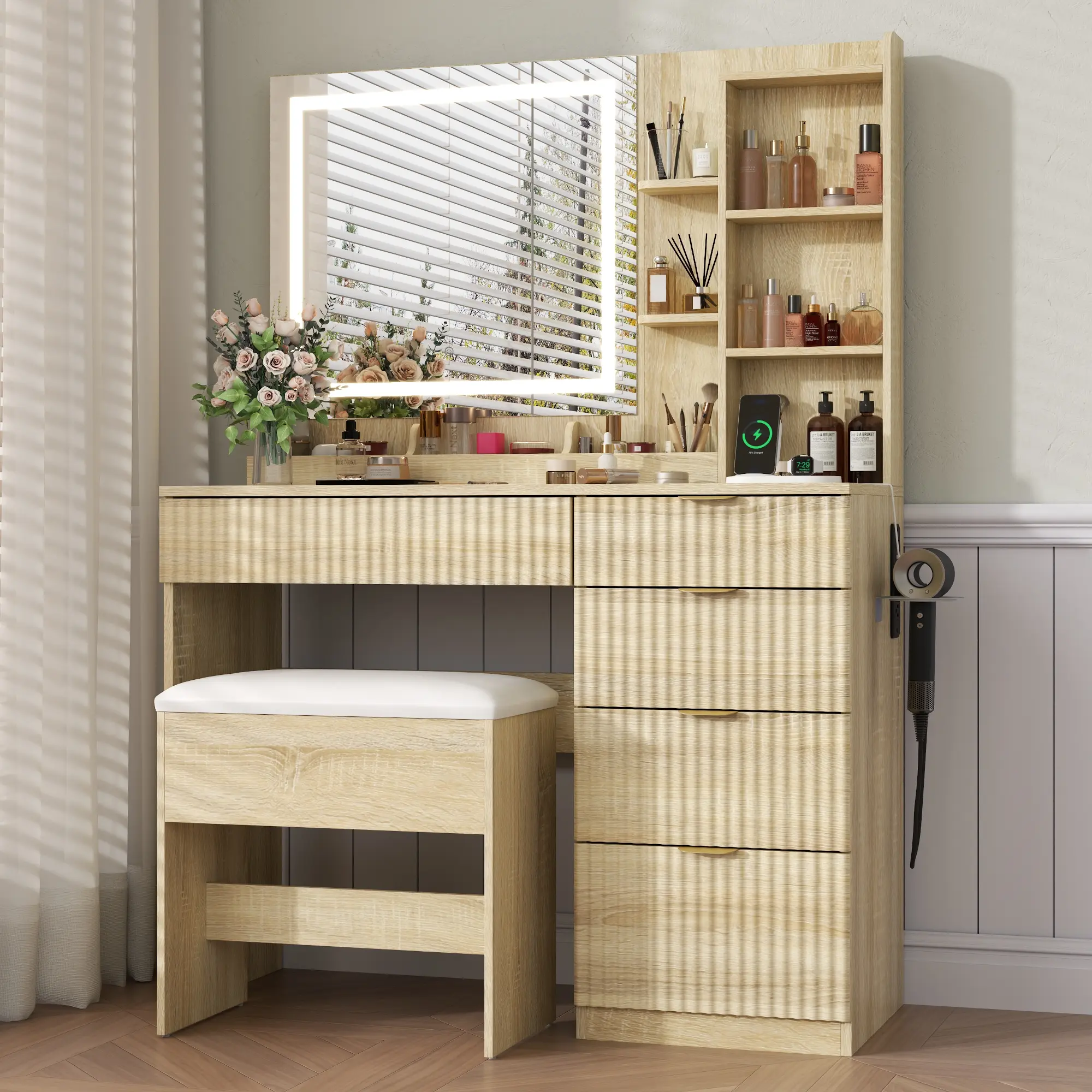 Gyfimoie Vanity   Desk   with Large Mirror and LED Lights，Makeup Vanity Table Set with 5 Drawers & Chair，Fluted Dressing Table with Hair Dryer Holder and Adjustable shelf vanity Dresser Desk
