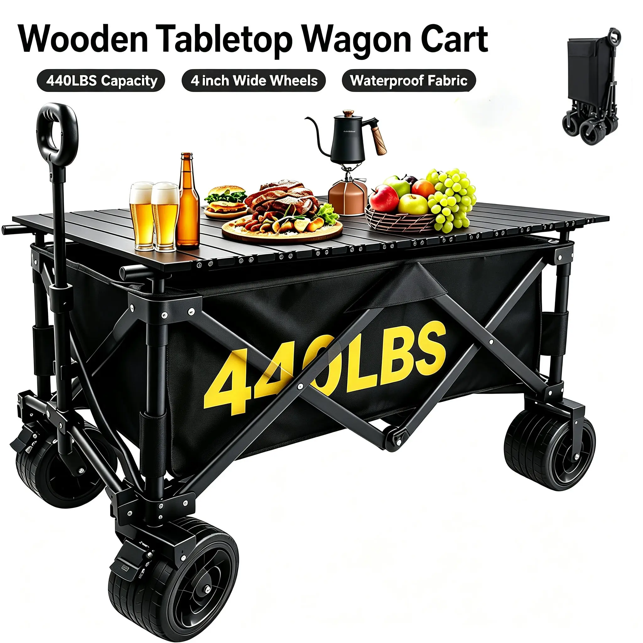 Multi Purpose Foldable Storage Wagon Cart, Unique Rear Tailgate & Liftable Wooden Tabletop, 440LBS Large Capacity Utility Cart with Wide All Terrain Wheels for Outdoor Beach Trips & Family Picnic Camping
