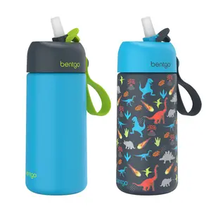 Bentgo Kids Stainless Steel Insulated Water Bottle Set - 2-Pack, 15 oz, Safe-Sip Straw, Leak-Proof Design, Dishwasher Safe, Fun Print Options