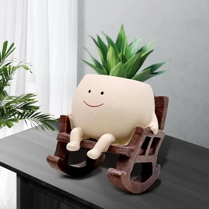 Funny Resin Flower Pot Sitting on Rocking Chair, Unique Decorative Home Decor Planter with Drainage Holes, Creative Gift for Family, Swinging Planter