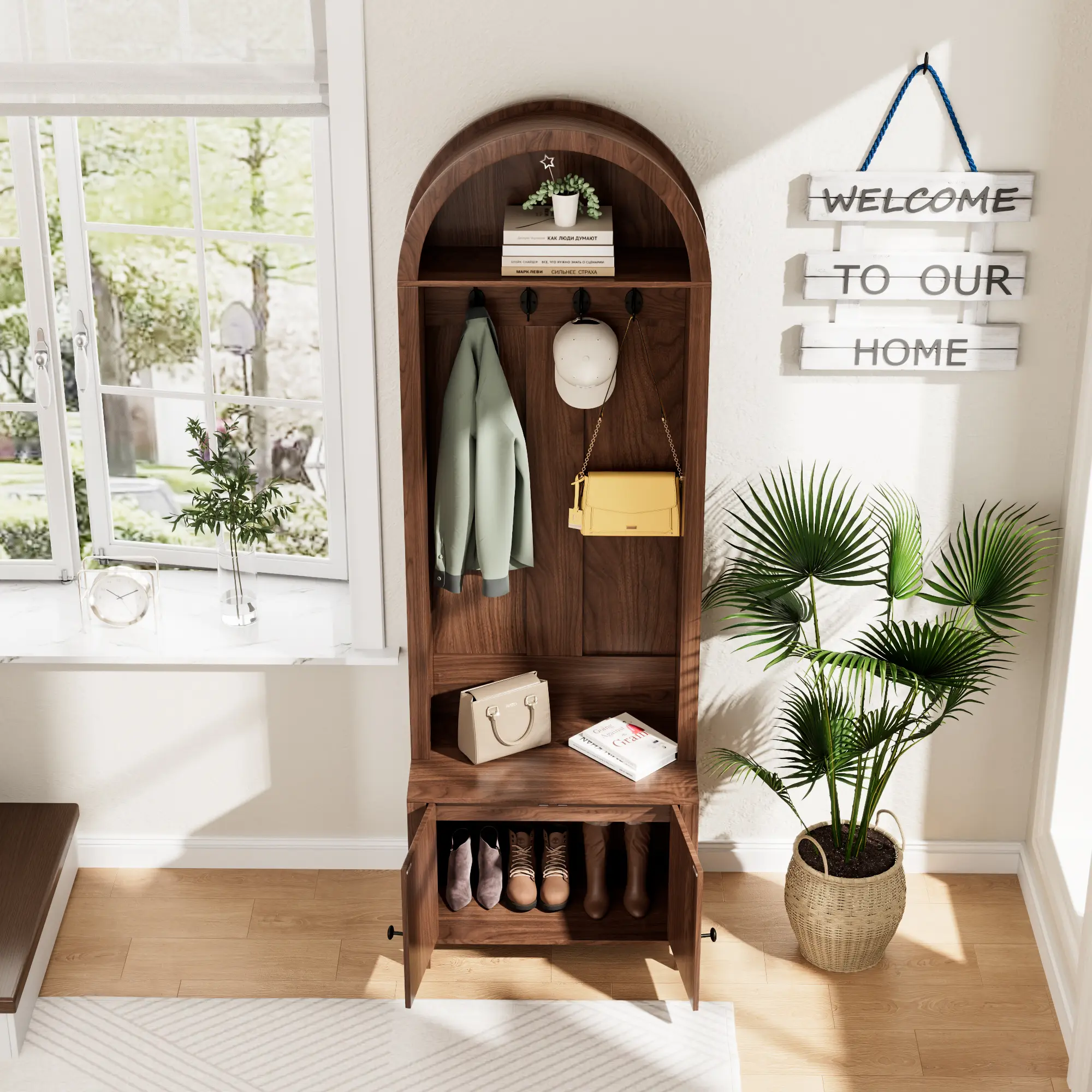 Freestanding Traditional Rustic Farmhouse Wood Coat Rack Hall Tree Furniture - 70.9"×66.9"×78.74" Arch-Top, 4/7 Hooks, MDF Shoe Storage with 2 Fluted Doors, 200 lbs Capacity, 23.7"w×13.8"d×13.18"h Compartment, Easy-Setup Room Decor for Hallway, Mud Room,,