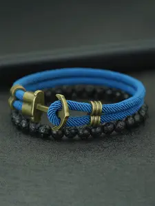 Men's Nautical Style Rope Stackable Bracelets Set, Handmade Vintage Stainless Steel Anchor Hook, Melting Rock Beaded Jewelry, 2 Pieces/pack