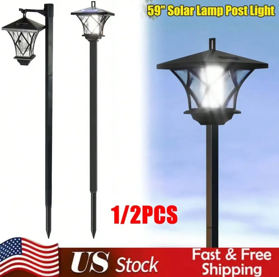 59" Solar Lamp Post Light - LED Waterproof Outdoor Landscape Street Pole, Pathway Lighting for Garden, Home Festive Decoration Solar Gadget, Solar Gadgets