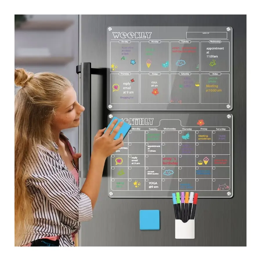 Hivillexun 16"x12" Clear Acrylic Magnetic Dry Erase Board with Monthly & Weekly Planner, 6 Markers & Large Eraser for Refrigerator Organization Organizer Time Management Planning Scheduling tiktokshopbacktoschool