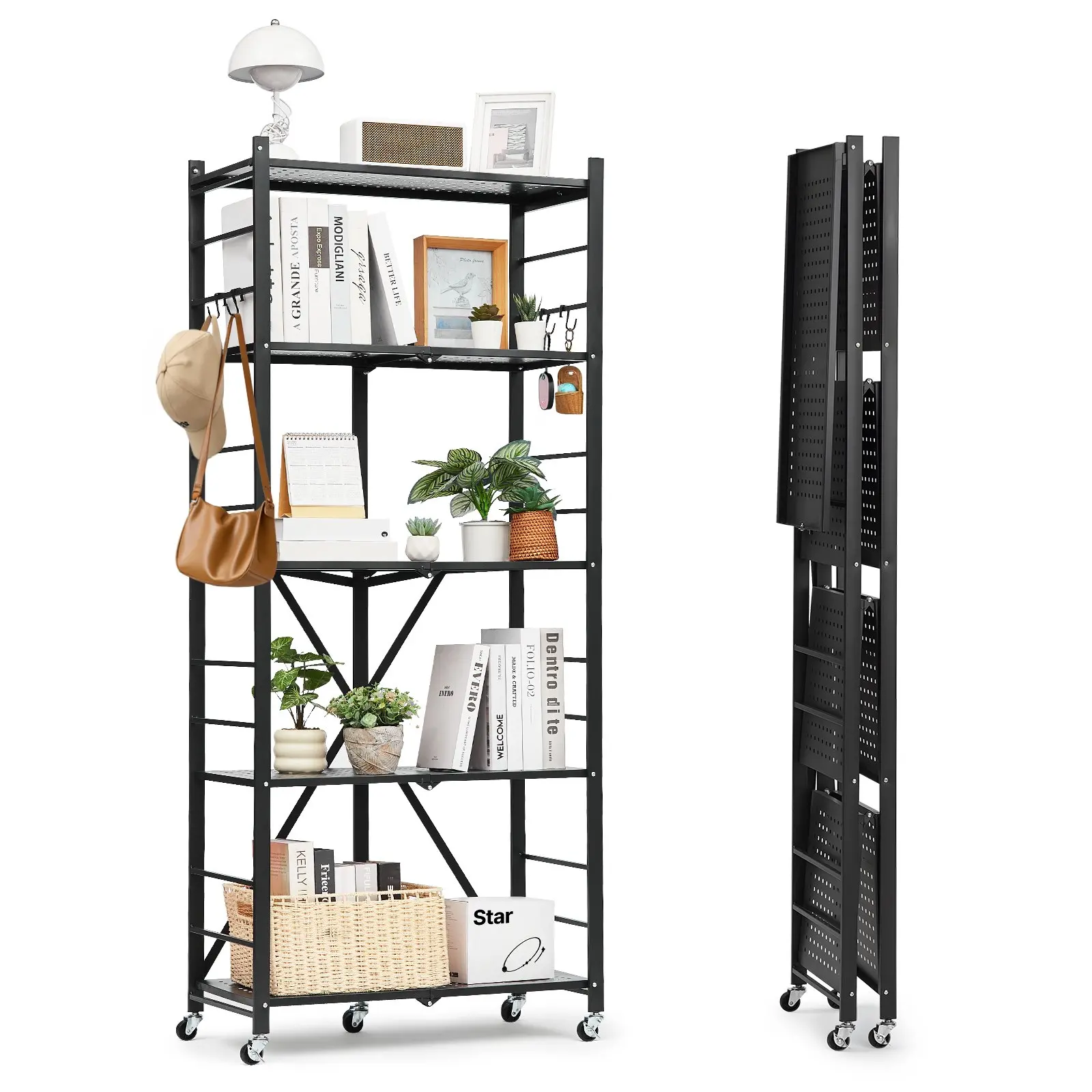 VEVOR 5-Tier Foldable Metal Rectangular Storage Shelving, 28Wx13Dx66H in Organiser with Buckle, 5 Wheels, 4 Hooks, Tool-Free No Assembly for Bathroom, Office, Garage
