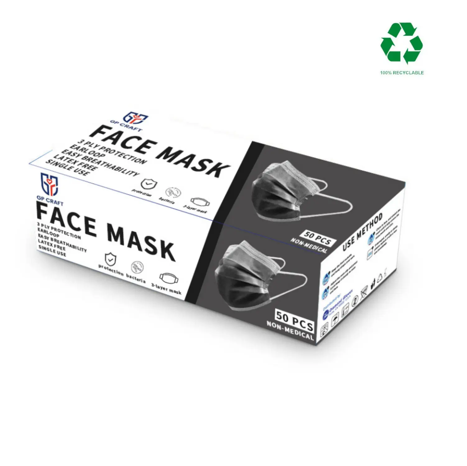 GP Craft 50 Pack Unisex Black Protective Face Masks, Solid 3-Ply Soft Cotton Design with Breathable Earloops for Home & Travel, Protective Masks, Breathable Face Mask