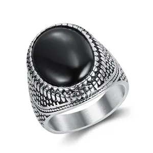Men's High-End Hip Hop Stainless Steel Oval Ring - Retro Granular Texture, Black Cat Eye Oval Stone, Simple Elegant Design, Streetwear Men's Jewelry, Sizes 7-15, Graduation Gift for Guys