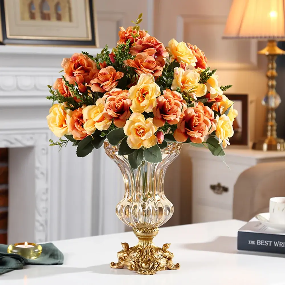 Homary Retro European-Style Golden Plastic Carved Vase Set with Crystal Detail Glow, 5.9"x4.5"x9.4", Wipe-Easy Surface, Lifelike Synthetic Gold Flowers, Reflective Ornaments, Weighted Stability Base, Lasting Color for Indoor Living Room Home Decor, 5.9" X