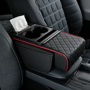 Car Armrest Pad 5-in-1 Console Organizer with Storage Pockets, Cup Slot, Mobile & Tissue Holder for Cars, Auto Interior Accessories (Black Red)