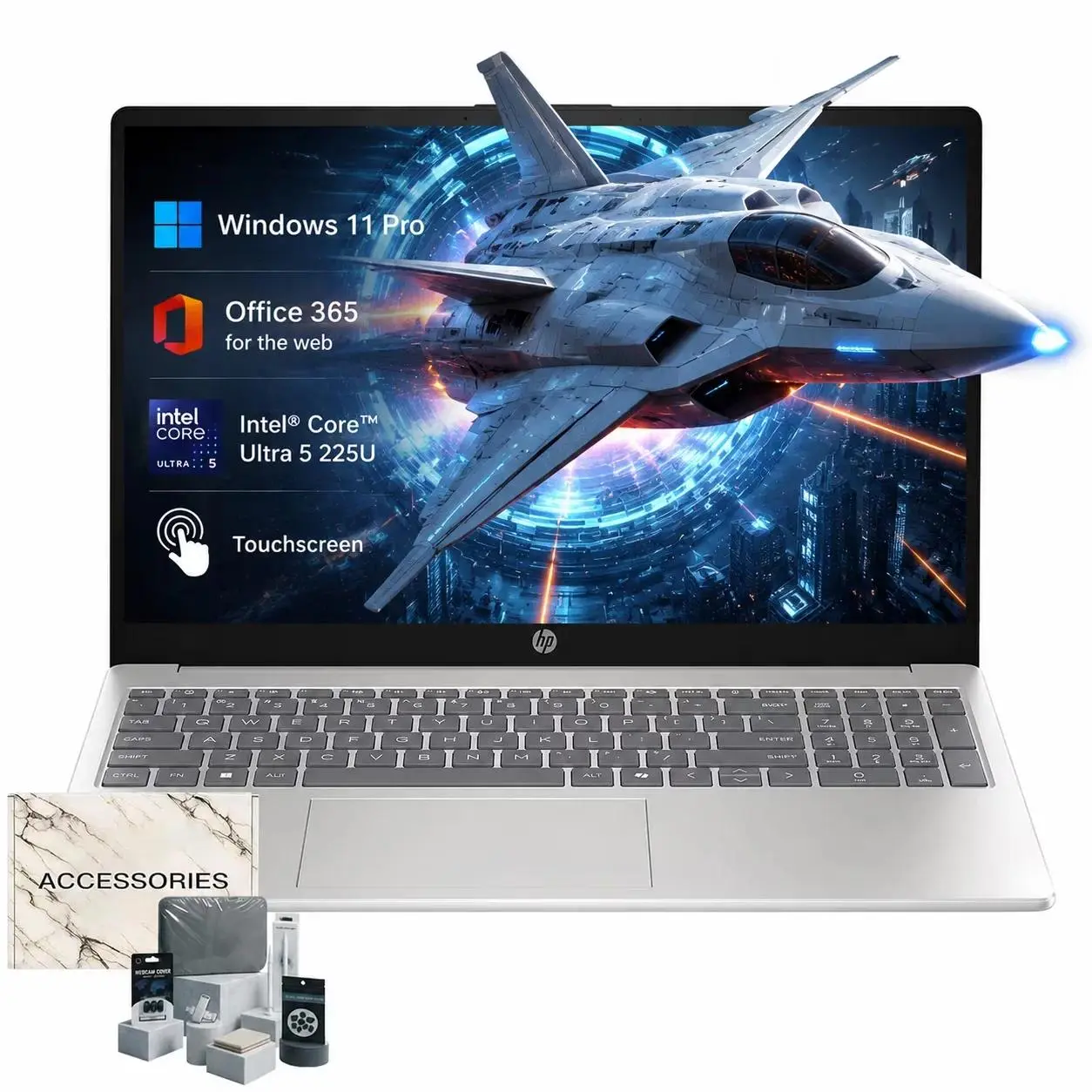 HP 15.6" FHD Anti-glare Touchscreen Laptop, Intel Core Ultra 5 225U, 8GB DDR5, 512GB SSD, Win 11 Pro, Office 365 for the Web with Accessories