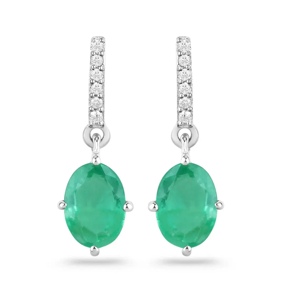 1.44 Ct Oval Green Zambian Emerald Diamond Prong 10K Gold Dangle Earrings
