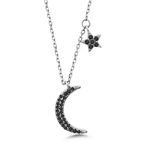 925 Sterling Silver Moon  Necklace-16''+2'' Chain, Black Onyx Necklace, Moon And Star Necklace, Moon And Star Charm Necklace, Hypoallergenic Necklace