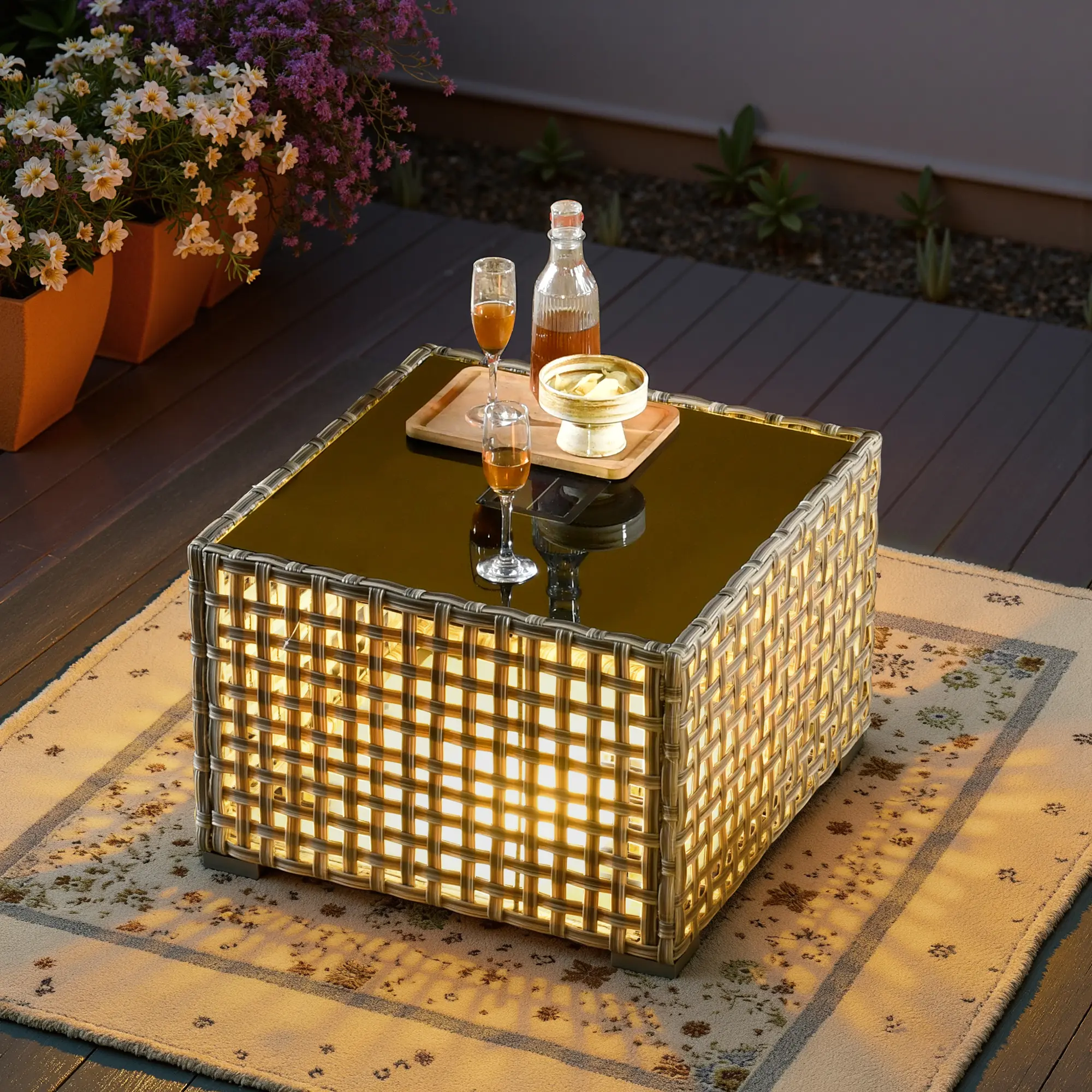 CAODOC Square Outdoor Table With Umbrella holed,Outdoor Patio Side Table With Solar Light,Wicker Coffee End Table Glass Top,LED Deck Table for Yard,Deck,Porch,Garden
