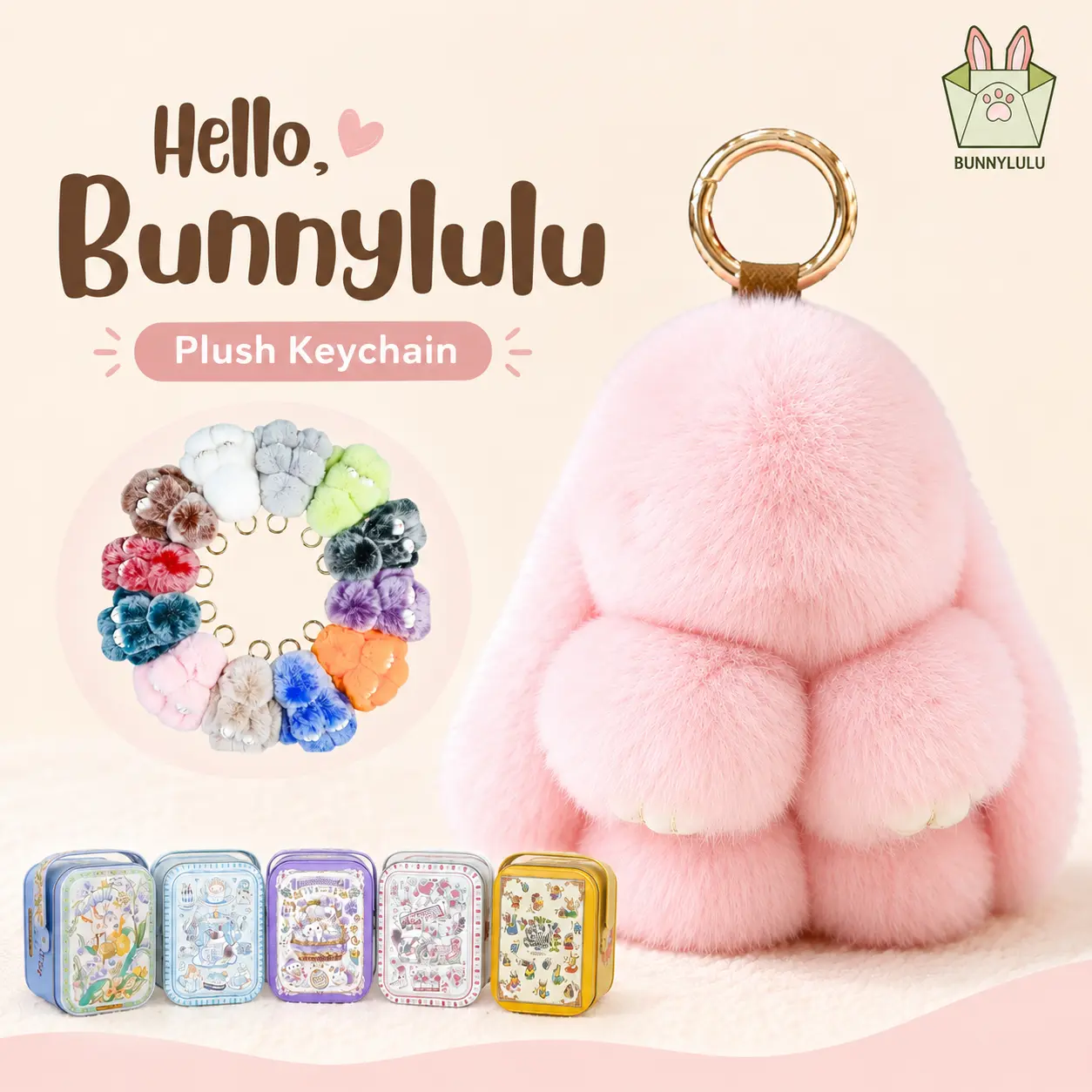 【BunnyLulu】Handmade Bunny PomPom Keychain - Handmade Craft Soft Plush Bag Accessory with Tin Box, Stress Relief Calm Companion, Summervibes Graduation Gift for Friends, Bag Accessories, 5.8" Tall