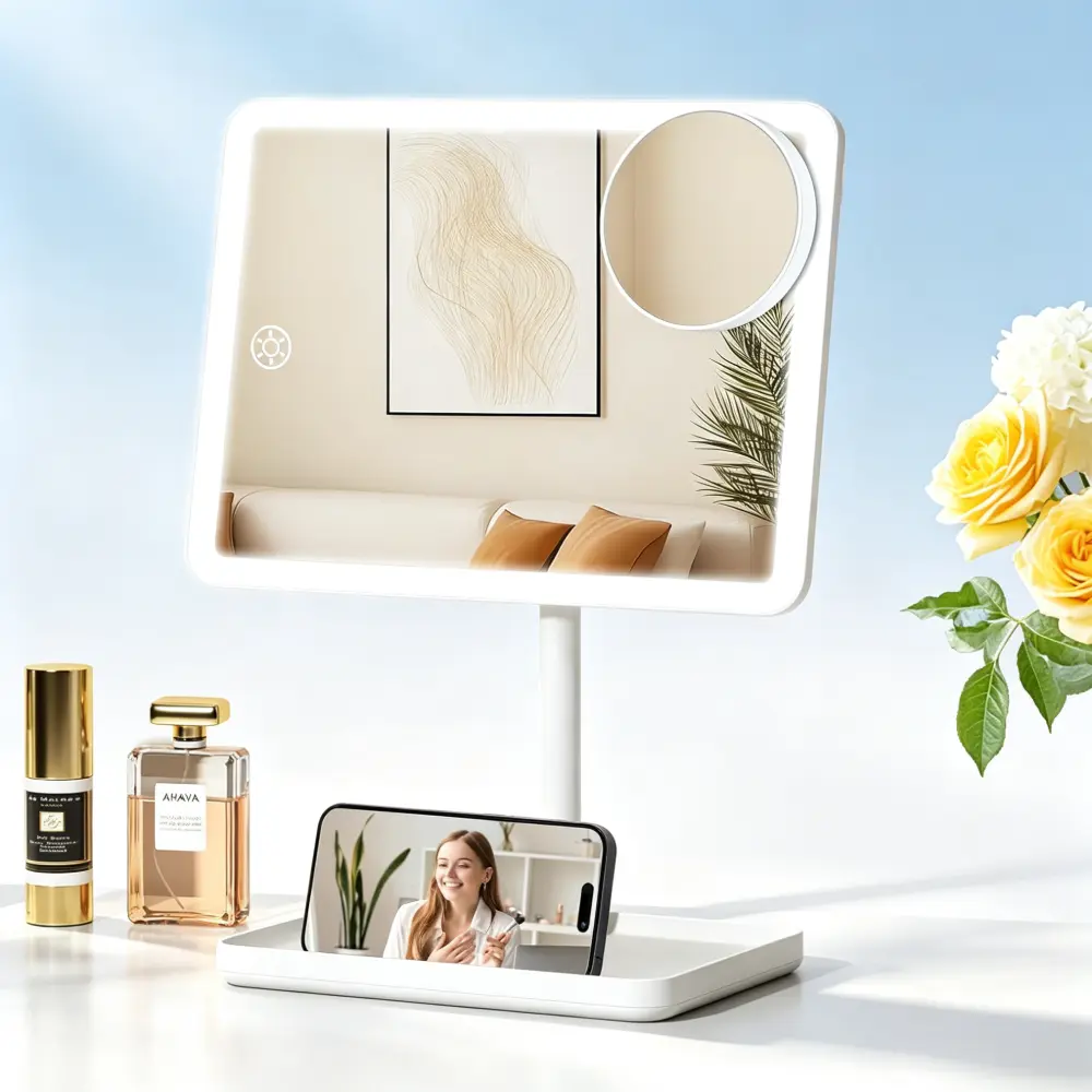 Rechargeable Cordless Vanity Mirror with Lights - Smart Touch, 3-Color Dimmable Lighting, Detachable 40X Magnification, 4000mAh, for Vanity Desk Tabletop, White, Ideal Gift for Loved Ones, 3-Color Lighting