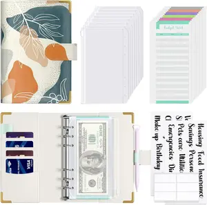 Budget Binder with Zipper Envelopes, A6 Money Saving Binder Cash Envelopes for Budgeting, PU Leather Planner Money Organizer for Cash Bills, Cute Boho System Wallet for Women, Abstract Leaves