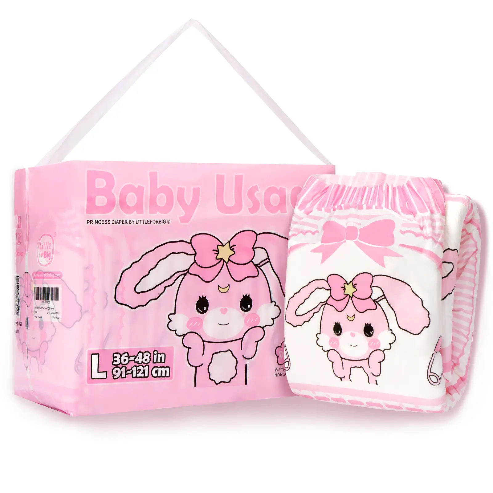 LITTLEFORBIG Adult Diapers, Soft Disposable Briefs with Baby Usagi Theme, High Absorbency for Overnight Protection, 10 Count (Waist 36-48 in), Plastic, Adults, Extra Large, Leak Guard, Adjust Tape, 181Oz, 10‑Pieces