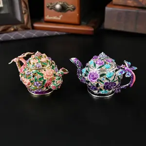 Enchanting Enamel Tea Pot Jewelry Storage Box, High-End Garden Theme Decor, Enhances Vanity Aesthetic, Trendy Tea Lover Gift