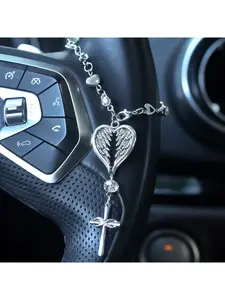 Guardian Angel Heart Shaped Steel Color Wings Steering Wheel Hanging Ornament Cross Pendant Decoration, Car Interior Accessory