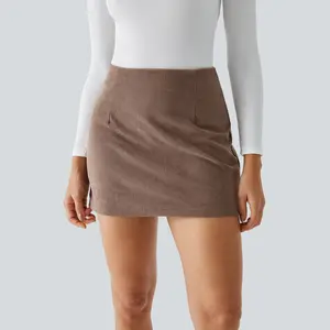 Halara High Waisted Invisible Zipper 2-in-1 A Line Mini Corduroy Casual Skirt-Longer Length