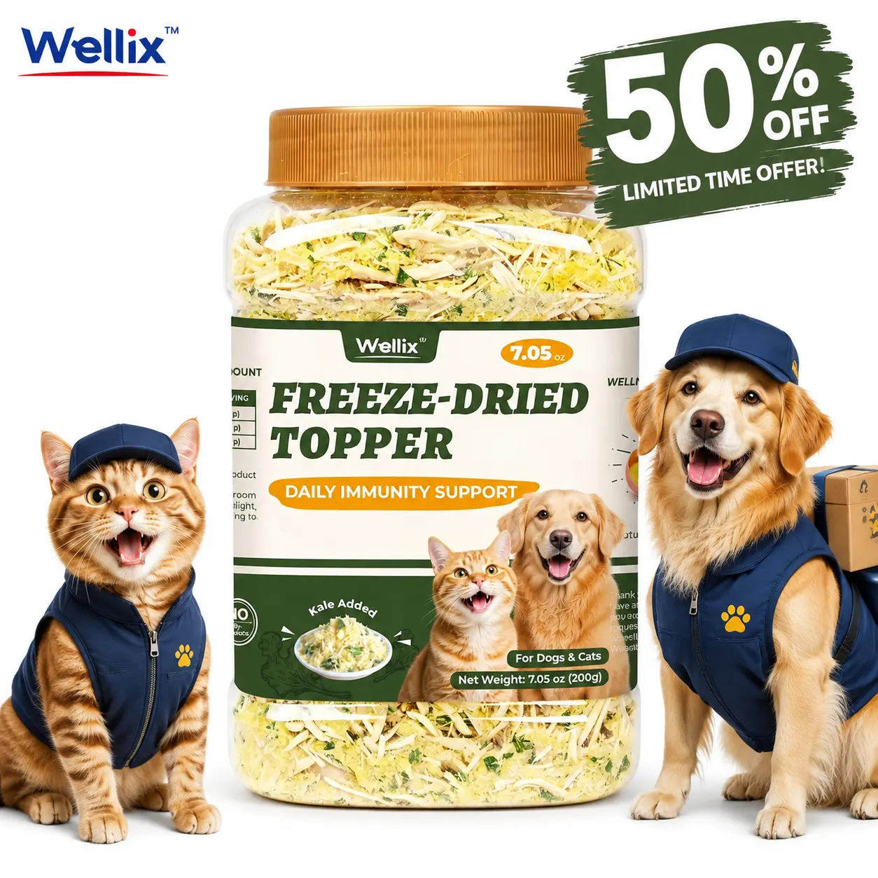 Wellix 7.5oz Cat & Dog Kale Topper - Freeze Dried Chicken & Kale | Low Calorie | Support Gut & Hairball Health | Natural, Nutritious, Yummy