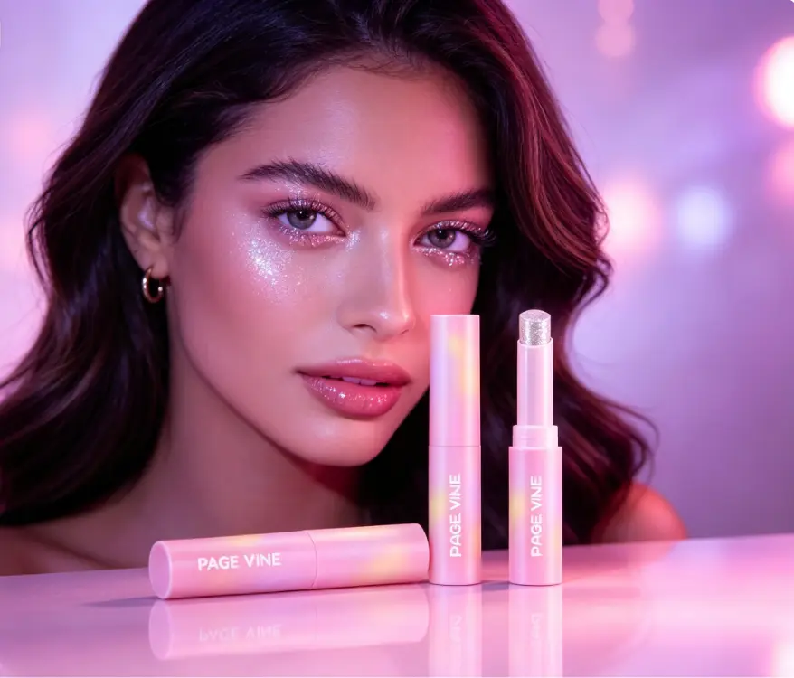 PAGE VINE Rosy Gem Glitter Lipstick - Cosmetic with Bling Effect, Rosy Hue, Glam Style & Radiant Glossy Finish for Glossy Lips, Makeup Transformation, Sparkly Makeup, Beauty Products, Glowing Makeup