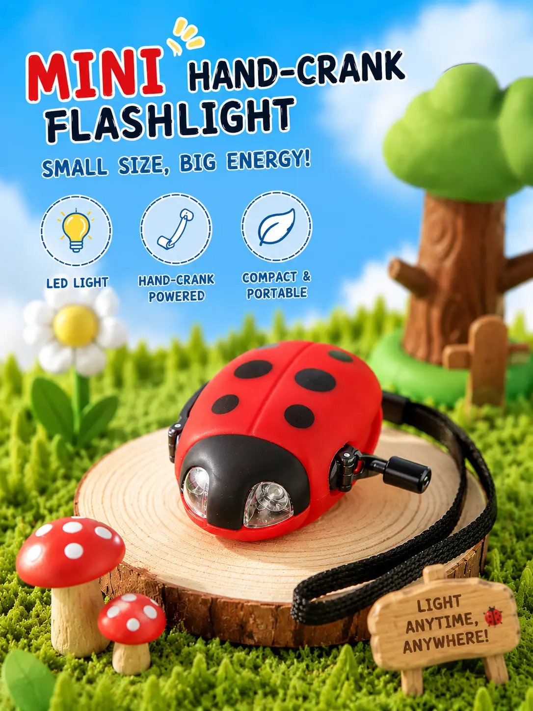 Cute Ladybug Hand Crank Light Toy for Kids – Mini Portable Pocket LED Toy