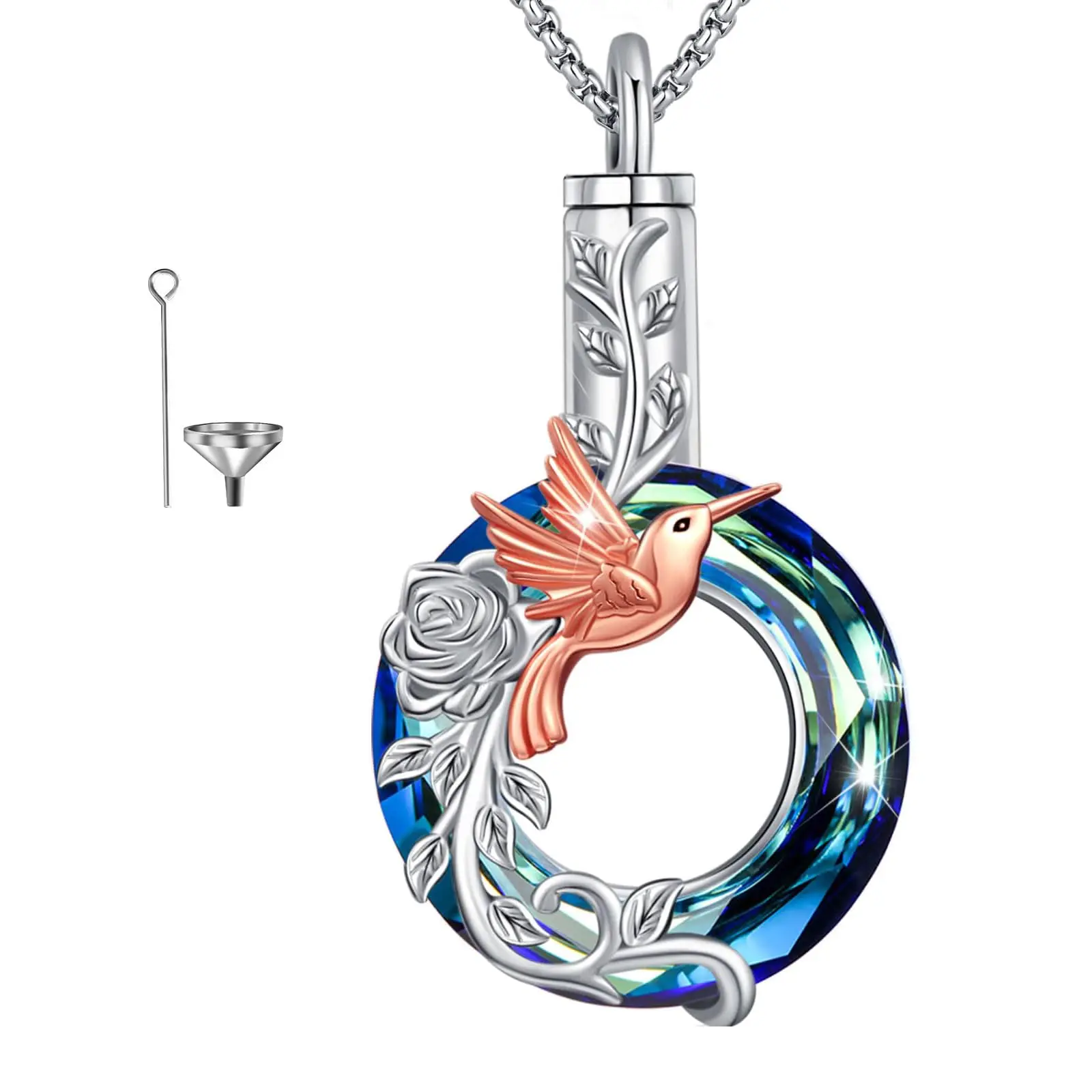 DRINSPER S925 Urn Necklace, Cremation Grief Jewelry, Round Crystal Healing Crystal Keepsake Silver Pendant Necklace, Healing Crystal Necklace