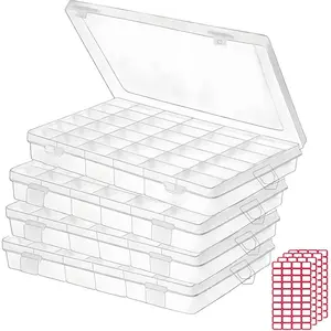 Budreu 4pack 36 Grids Plastic Clear Organizer Box Bead Storage Containers with Adjustable Dividers for Craft Jewelry Fishing Tackles Parts Storage with 4 Sheets Label Stickers