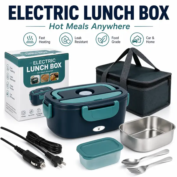 Portable Electric Lunch Box Food Warmer with Stainless Steel Tray, Dual Power Cables, Insulated Carry Bag and Utensils for Work, Home, Car and Travel lunchboxes