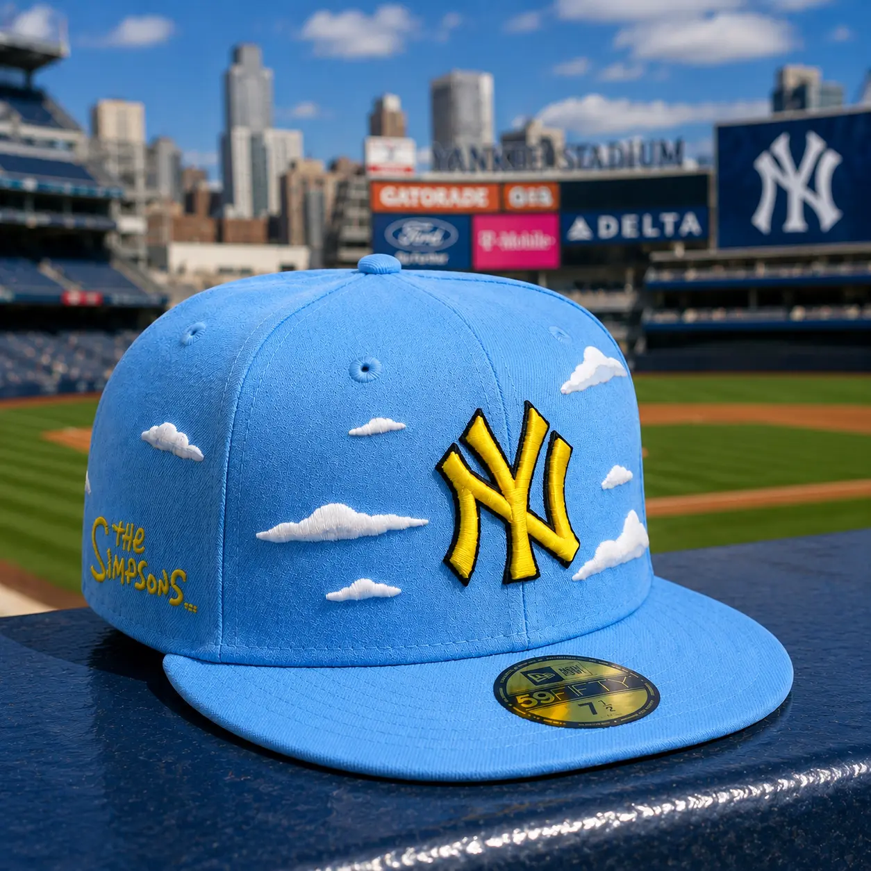 Sky Blue Embroidered Baseball Snapback Hat – Adjustable Flat Brim Cap with Cloud Pattern
