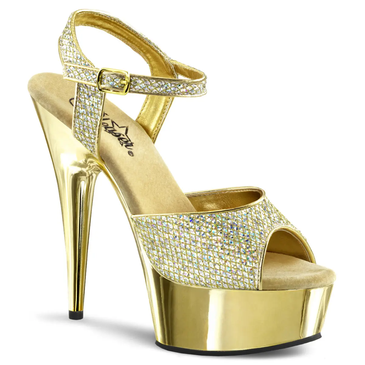 Pleaser Delight-609G Women's Classy Platform High Heel Sandals - Gold Glitter Evening Footwear, Peep Toe, Ankle Strap Statement Shoes, Classy Sandal, Sparkling, Chrome Finish, Flattering Fit, Bedazzling Glitter Women's Sandals