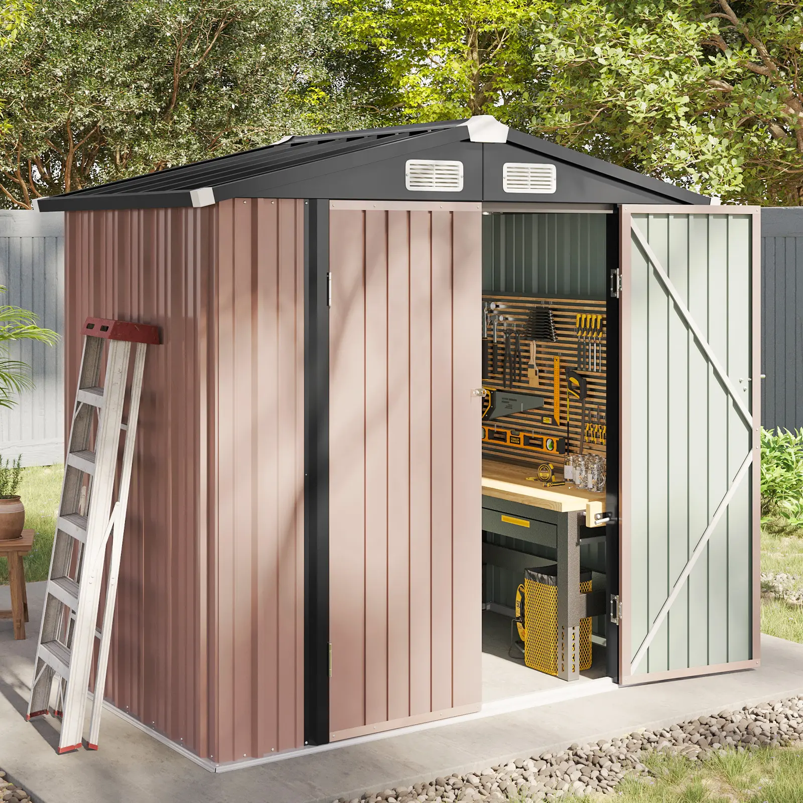 Aoxun  Shed Outdoor Galvanized Storage Shed with Large Lockable Doors for Lawn, Backyard, Patio (Black)