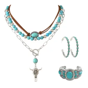 3 Pcs Boho Western Jewelry Set for Women – Turquoise Vintage Earrings Bracelet Necklace – Bohemian Cowboy Cowgirl Retro Jewelry Set