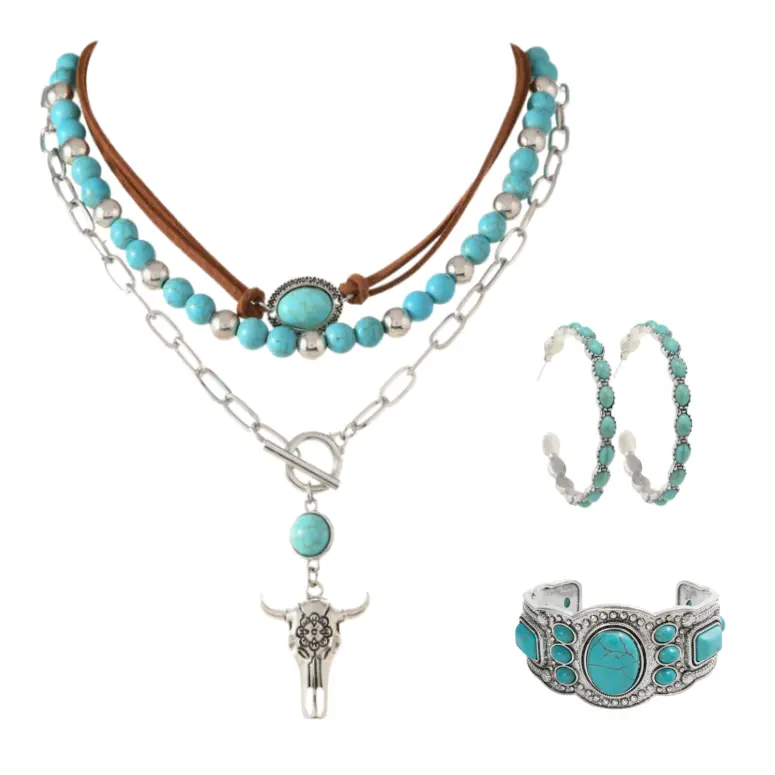 Women's 3-Piece Boho Western Gold Aesthetic Jewelry Set - Turquoise Vintage Earrings, Bracelet, Necklace - Retro Cowboy Cowgirl Costume Accessories