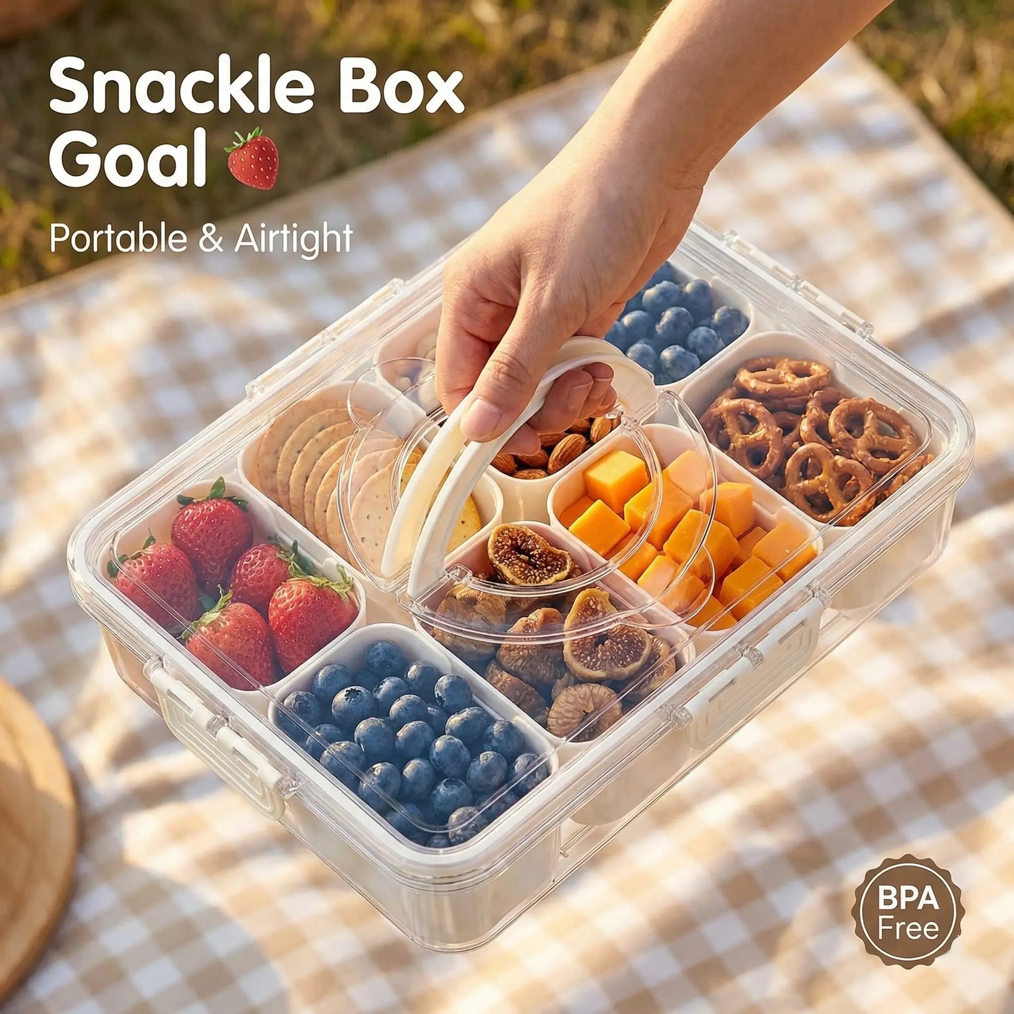 Snackle Box Container – Divided Serving Tray with Lid & Handle, 8 Compartment Portable Charcuterie Board for Travel, Road Trip & Party Platter, Clear Fridge Organizer for Candy/Veggies/Nuts, White Gusseted Food Storage Bpa Free Plastic