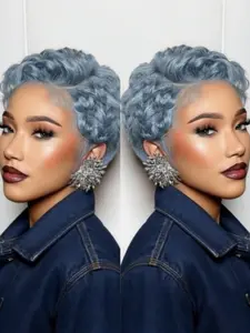 Curly Pixie Cut 13x4 Lace Front Wigs, Human Hair 180% Density, Short Length 6 Inches Layered Curly Texture Curly Wig for Women