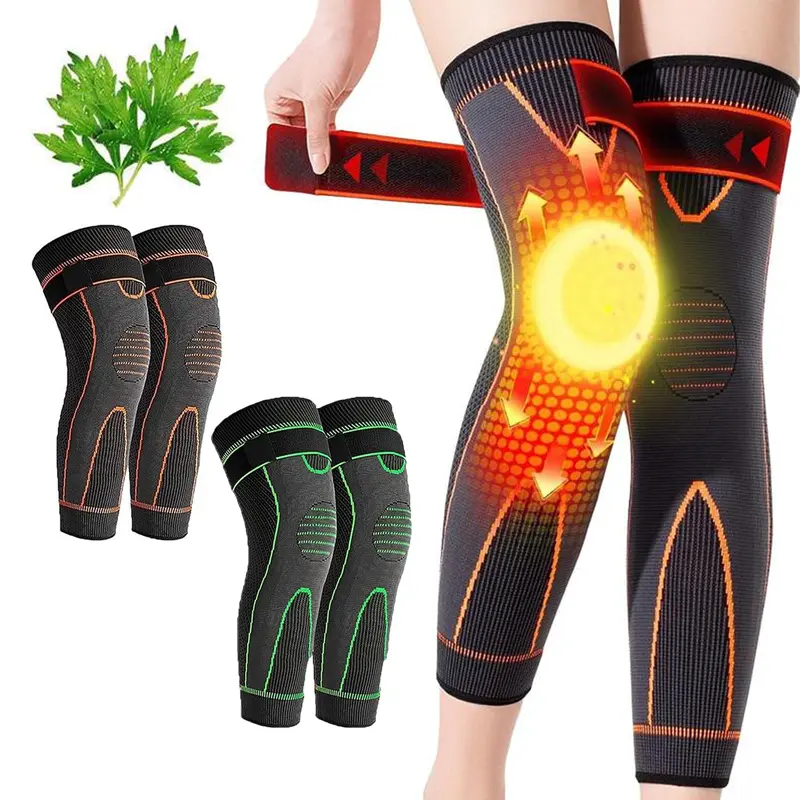 Unisex XL Nylon Knit Knee Brace - High-Elasticity Breathable Artemisia Warmth Wrap, Adjustable Strap, Flexible Long Compression Leg Sleeves for Soccer, Joint Pain Relief, Comfortable Wear