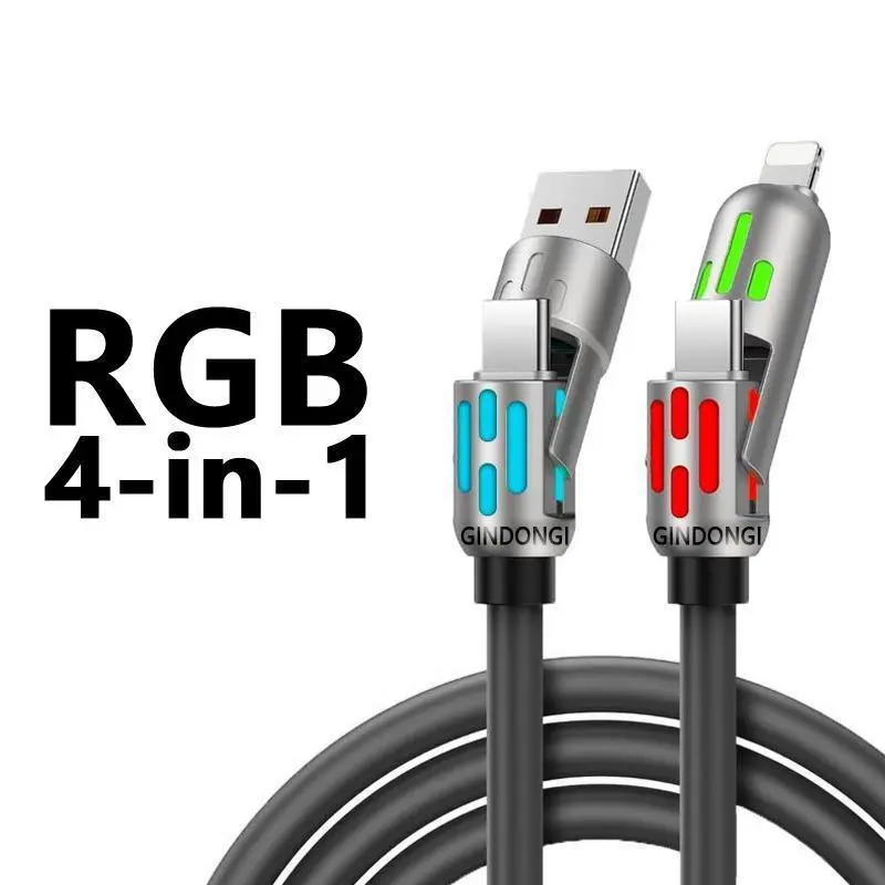 Multifunctional 4-in-1 USB Cable (USB-A/USB Type-C/Lightning) — Fast charging and data sync, breathing light indicator