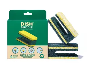 DishBuddie Dish Sponge - Cleans 2X Faster with Dual Surface Cleaning - Ergonomic Grip Design - 4 Non-Scratch Sponges - Odor Free Guarantee Kitchen