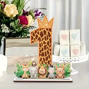 1st Birthday Jungle Adventure Theme Decor, Wooden Giraffe '1' and Fun Forest Animals with Crown, Perfect for Party Celebrations