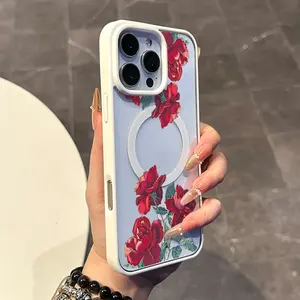 Magnetic Compatible Case for iPhone 17 16 E Pro Max 15 Plus 14 13 12 11 XS XR, Kawaii Red Rose Branch Pattern | Lightweight, Shockproof, Silicone, Aesthetic, and Scratch Resistant